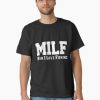 Black t-shirt with bold white text reading “MILF – Man I Love Fishing” funny fishing joke