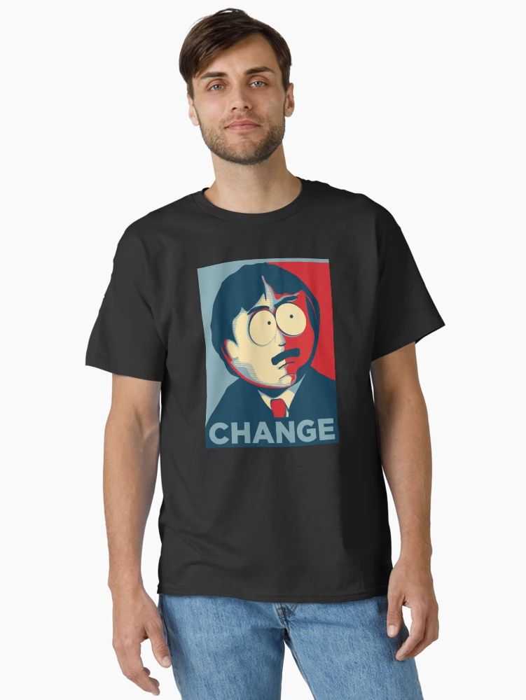 Black t-shirt with cartoon character parody in red/blue “CHANGE” political poster style, featuring shocked Randy Marsh expression