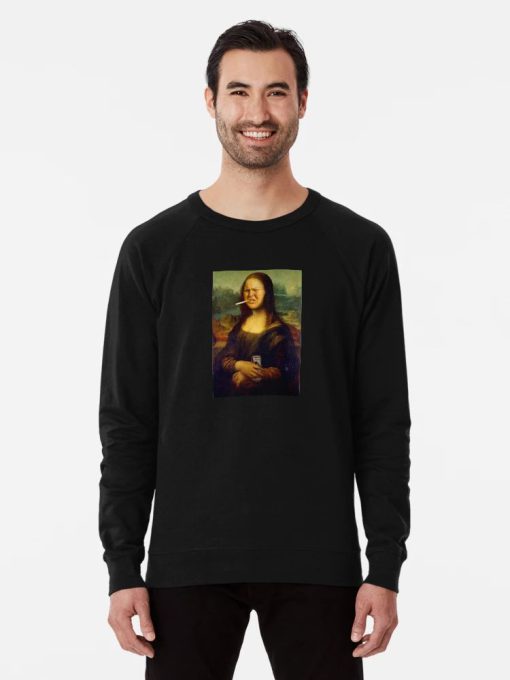 Sweatshirt Funny Mona Lisa parody featuring Trailer Trash Tammy-style edits with cigarette and beer