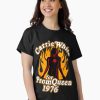 Black t-shirt with flaming silhouette of Carrie White and “Prom Queen 1976” vintage horror design