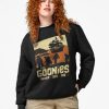Black sweatshirt with retro sunset Goonies graphic and “Never Say Die” quote from 1980s adventure movie