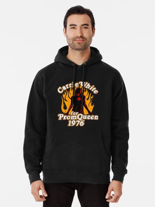Bold horror hoodie with Carrie White in flames—retro 1976 prom queen design for Stephen King fans