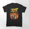 Black t-shirt with retro horror illustration from The Burning movie, showing Cropsey with giant shears and campers below