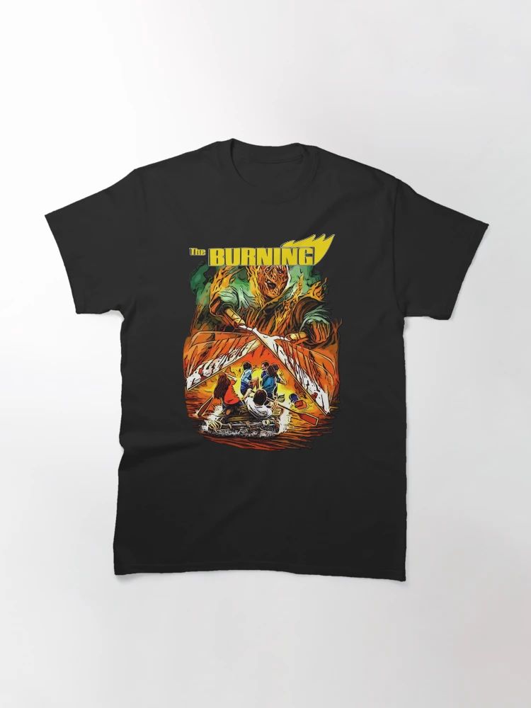 Black t-shirt with retro horror illustration from The Burning movie, showing Cropsey with giant shears and campers below