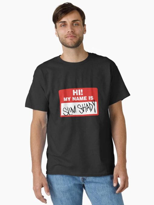 Black men t-shirt with a red-and-white name tag design that reads “Hi! My name is Slim Shady” in a handwritten font