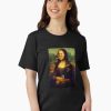 Women Funny Mona Lisa parody t-shirt featuring Trailer Trash Tammy-style edits with cigarette and beer