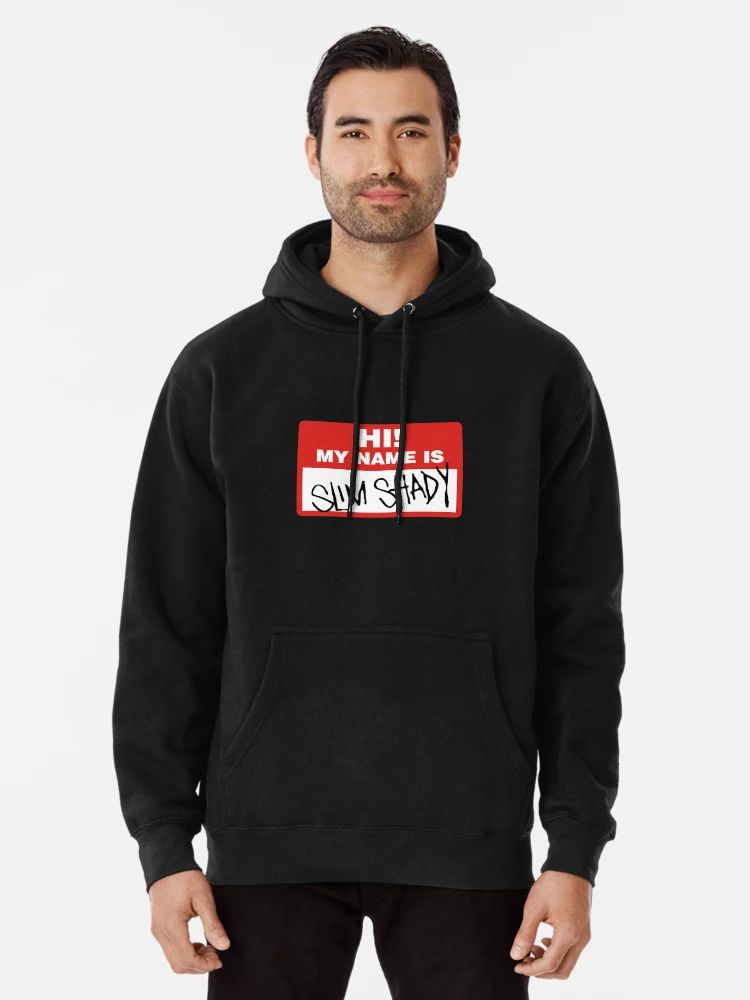 Black hoodie with name tag design and text “Hi! My Name is Slim Shady.”