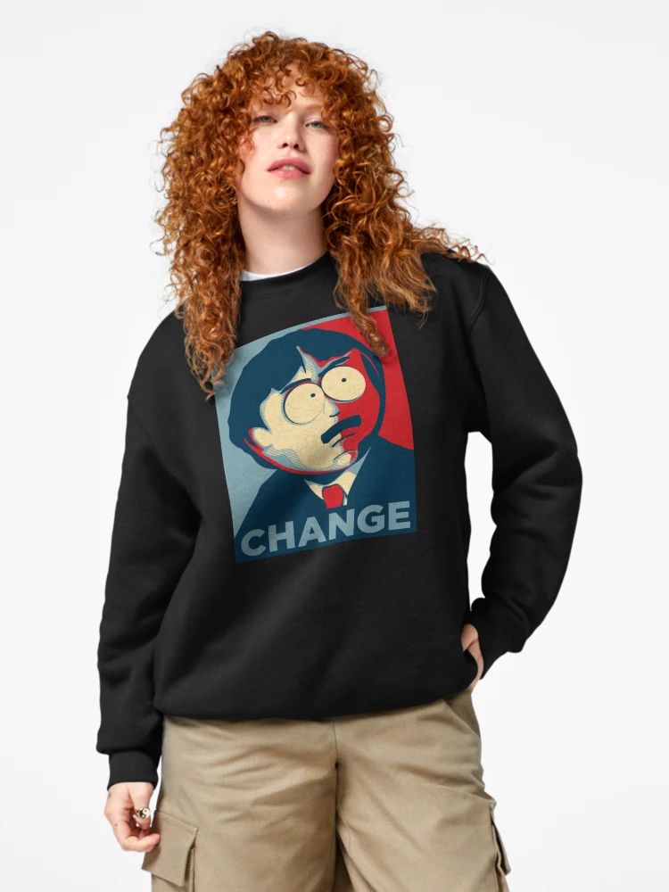 Black sweatshirt with “CHANGE” parody poster featuring cartoon Randy Marsh in red and blue tones.