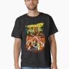 Men Black t-shirt with retro horror illustration from The Burning movie, showing Cropsey with giant shears and campers below