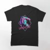Black t-shirt with neon pink and blue design showing masked slasher holding machete, text reads “Crystal Lake