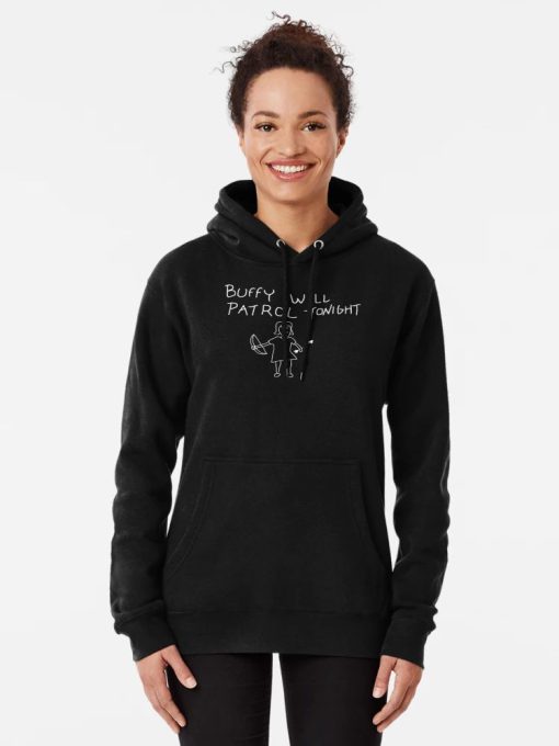 Black hoodie with a funny childlike drawing of Buffy holding a crossbow and stake, with the text “Buffy Will Patrol Tonight