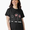 Women Black t-shirt featuring three illustrated cat paws labeled “Rock,” “Paper,” and “Scissors” in white and pink