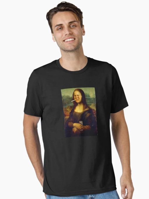 Funny Mona Lisa parody t-shirt featuring Trailer Trash Tammy-style edits with cigarette and beer