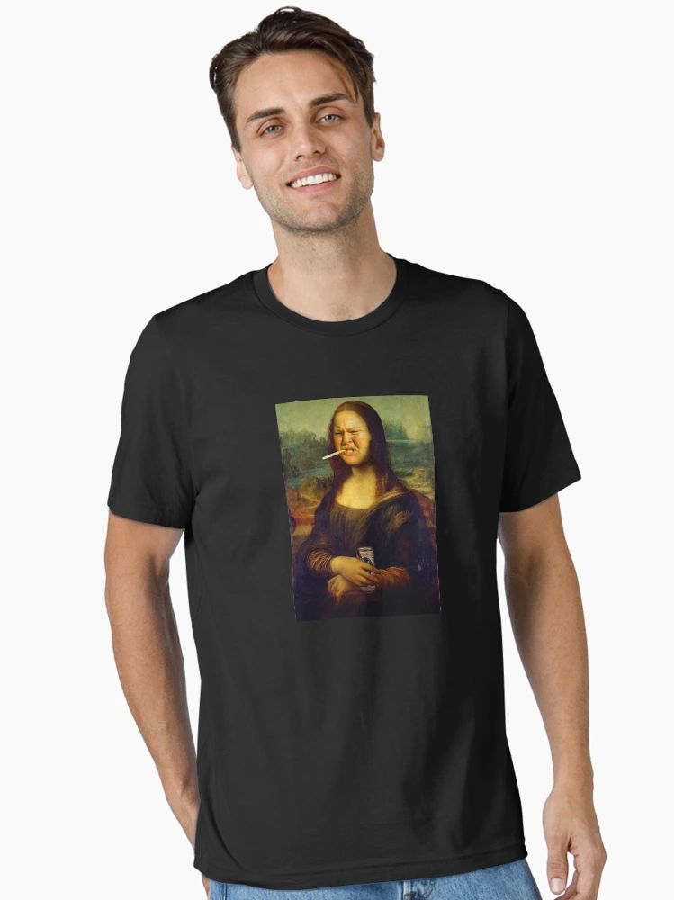Men Mona Tammy Trailer Trash Tammy Shirt Funny Mona Lisa parody t-shirt featuring Trailer Trash Tammy-style edits with cigarette and beer