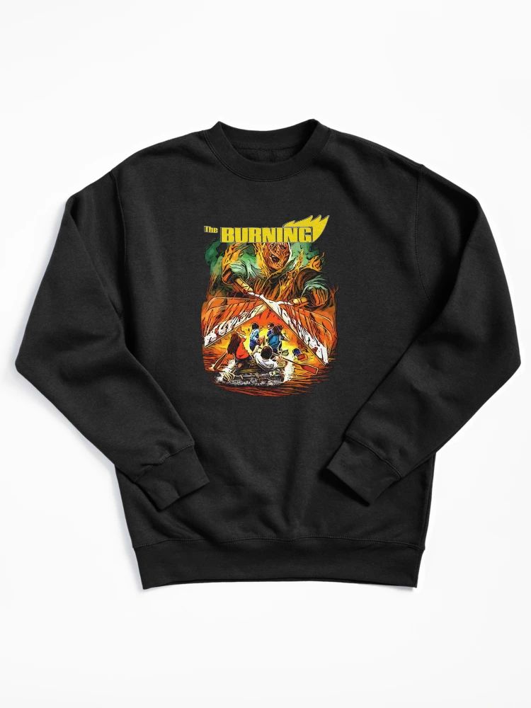 Black sweatshirt with vivid horror graphic of Cropsey and campers from The Burning slasher film