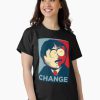 Women Black t-shirt with cartoon character parody in red/blue “CHANGE” political poster style, featuring shocked Randy Marsh expression