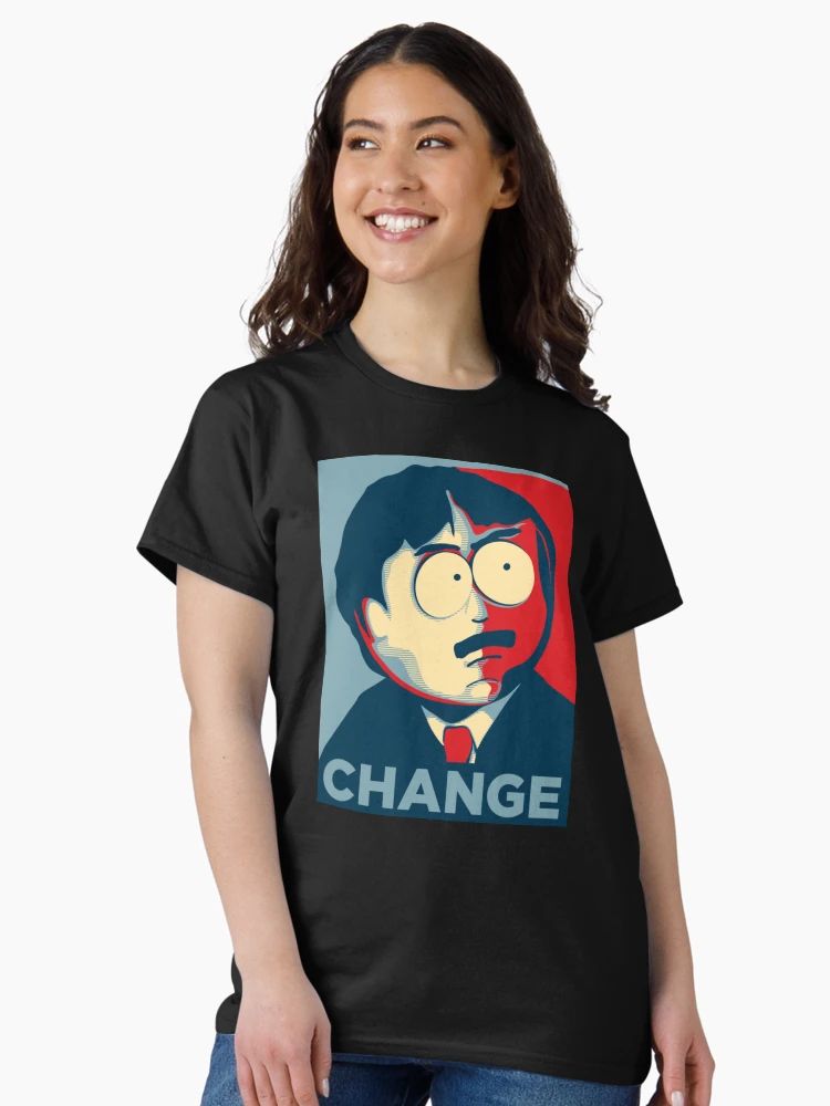 Women Black t-shirt with cartoon character parody in red/blue “CHANGE” political poster style, featuring shocked Randy Marsh expression