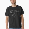 Unisex Black t-shirt with hand-drawn stick figure and the phrase “Buffy Will Patrol Tonight” in playful handwritten font
