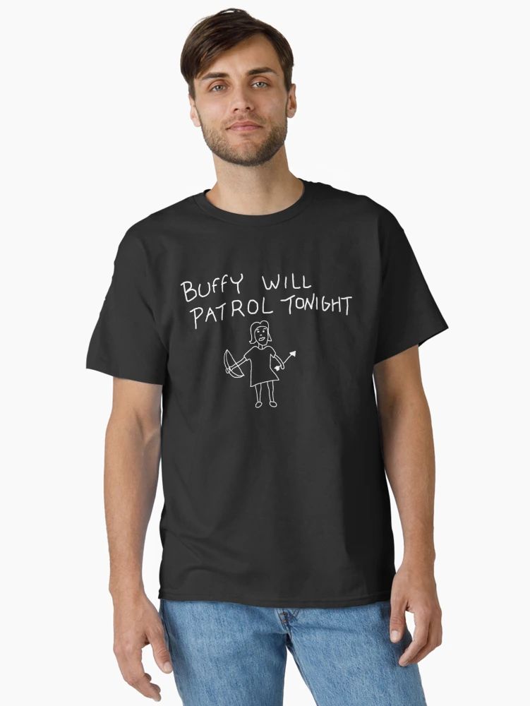Unisex Black t-shirt with hand-drawn stick figure and the phrase “Buffy Will Patrol Tonight” in playful handwritten font