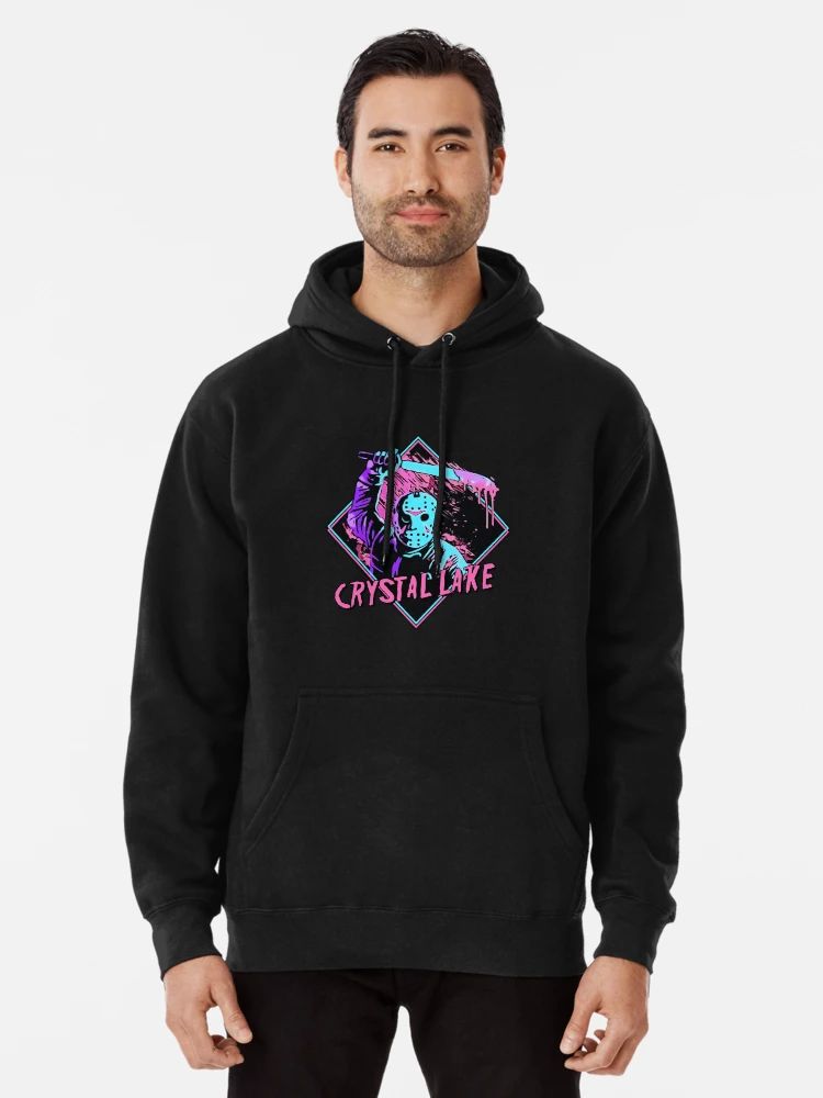Black hoodie with neon 80s-style slasher design and Crystal Lake text