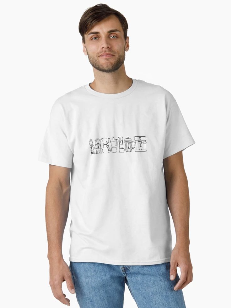men White t-shirt with minimalist line art showing various coffee makers and the phrase All methods lead to coffee
