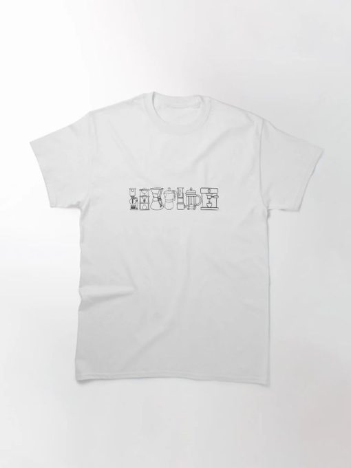 White printed t-shirt with minimalist line art showing various coffee makers and the phrase “All methods lead to coffee.
