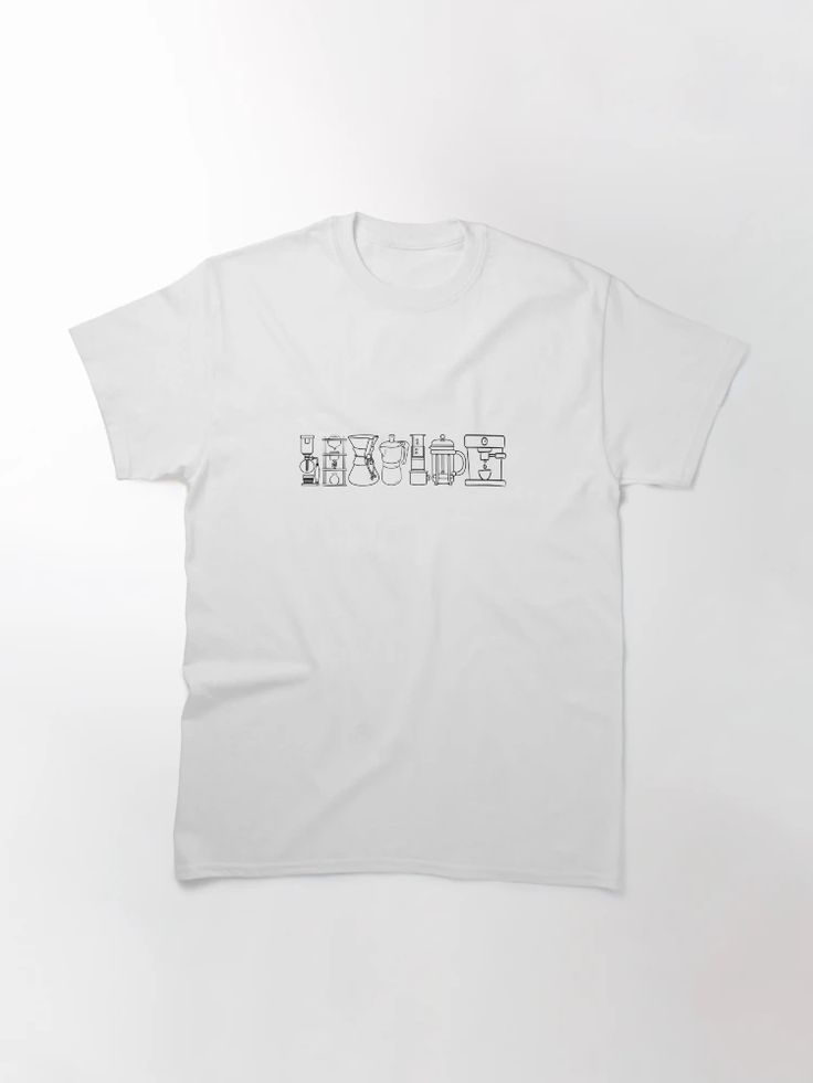 White printed t-shirt with minimalist line art showing various coffee makers and the phrase “All methods lead to coffee.