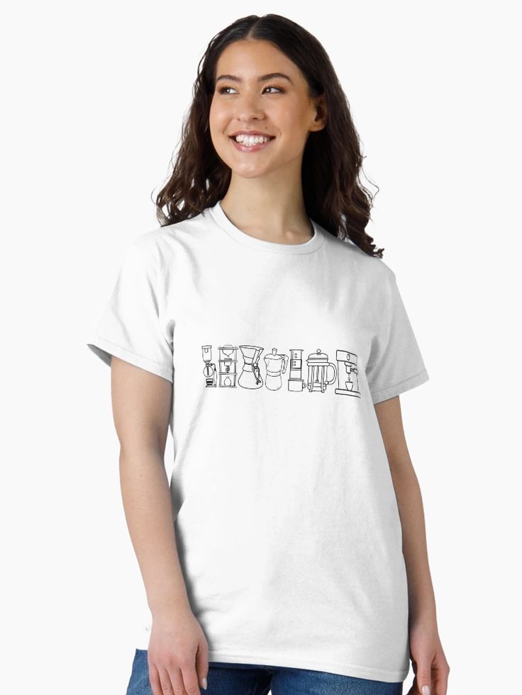 women White t-shirt with minimalist line art showing various coffee makers and the phrase All methods lead to coffee