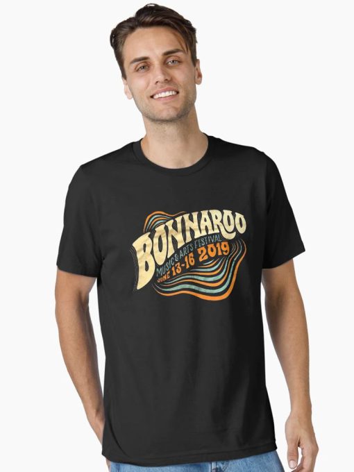 nisex black T-shirt with “Bonnaroo 2019” inspired graphic in vibrant retro colors.