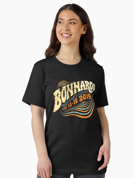 nisex black Shirt with “Bonnaroo 2019” inspired graphic in vibrant retro colors.
