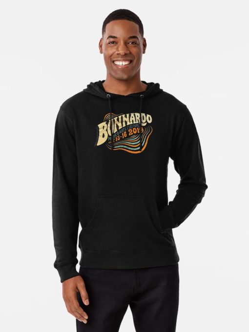 Men black Hoodie with “Bonnaroo 2019” inspired graphic in vibrant retro colors.