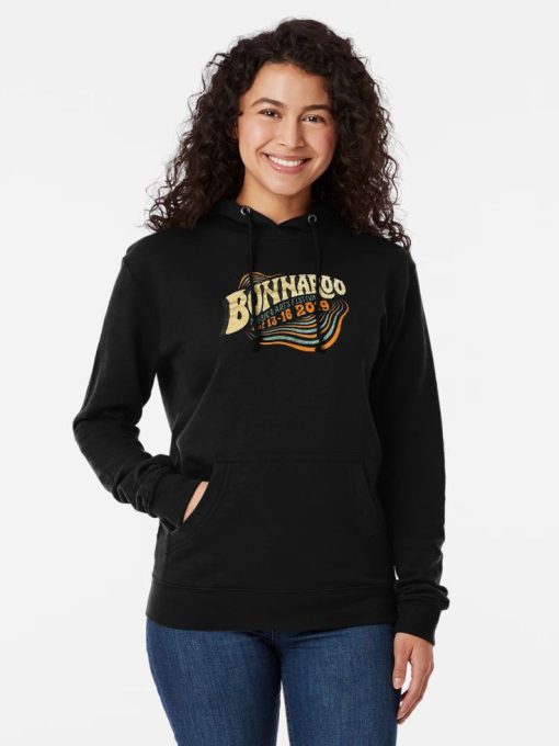 Women black Hoodie with “Bonnaroo 2019” inspired graphic in vibrant retro colors.