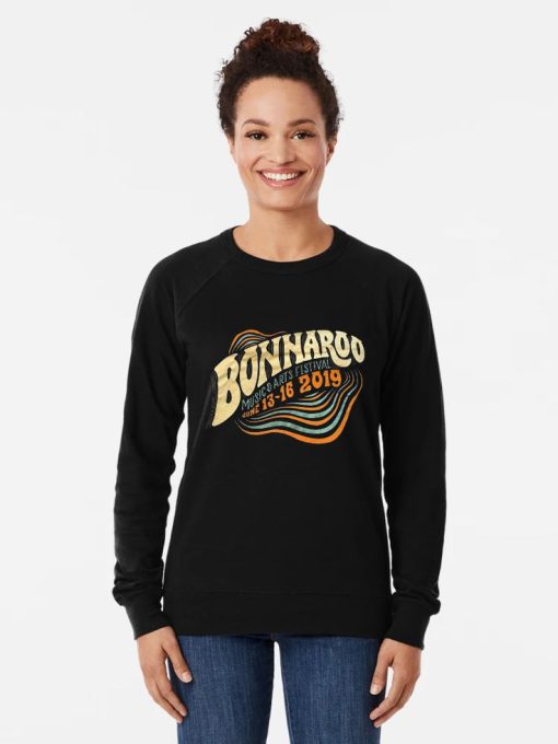 nisex black sweatshirt with “Bonnaroo 2019” inspired graphic in vibrant retro colors.