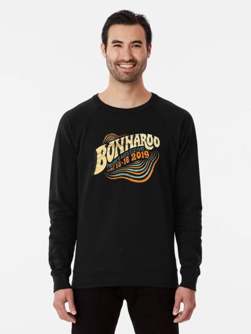 nisex black sweatshirt with “Bonnaroo 2019” inspired graphic in vibrant retro colors.
