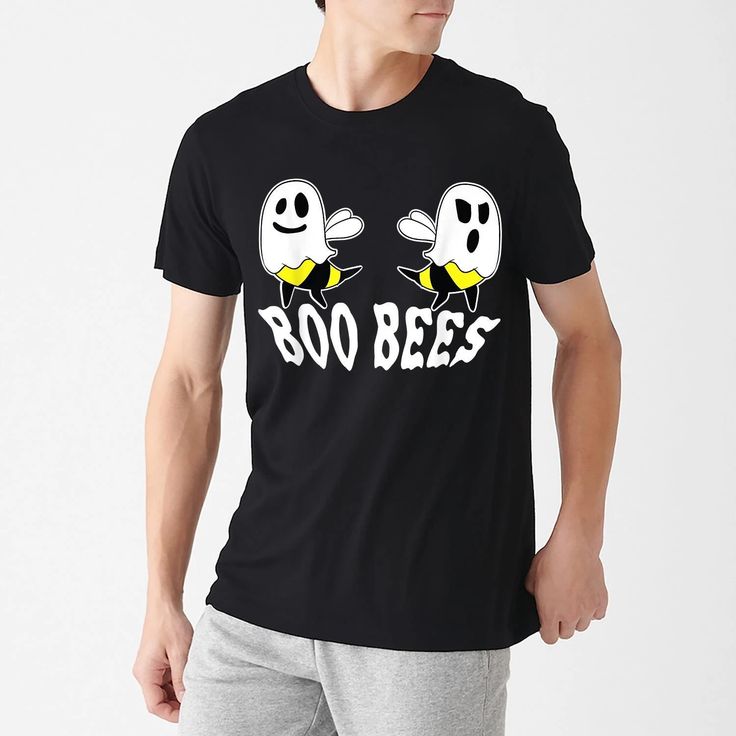 Men Black t-shirt featuring two cartoon ghost bees with the phrase “Here for the Boos” in spooky font.