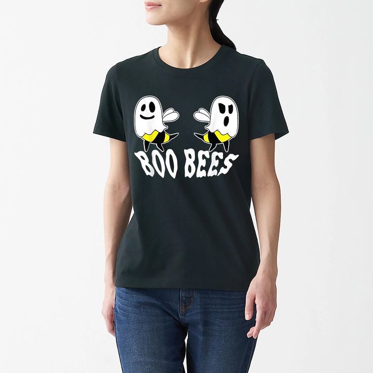 Women Black t-shirt featuring two cartoon ghost bees with the phrase “Here for the Boos” in spooky font.