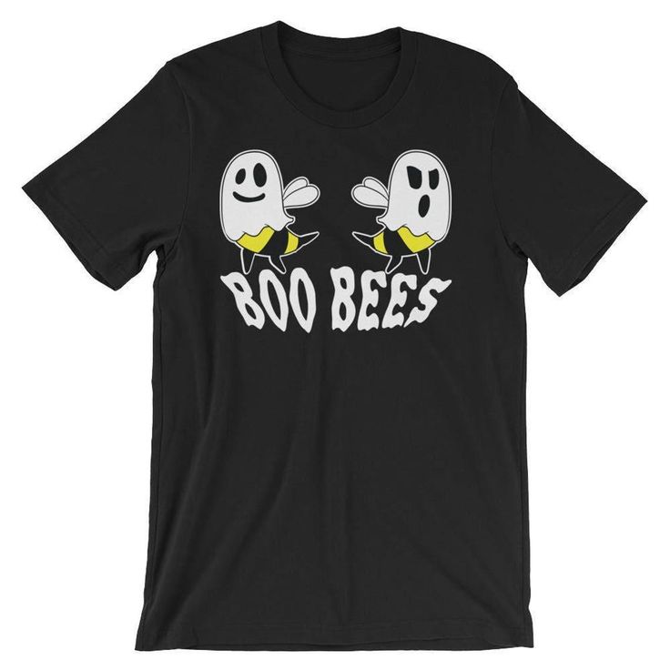 Black t-shirt featuring two cartoon ghost bees with the phrase “Here for the Boos” in spooky font.