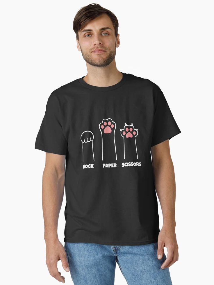 Men Black t-shirt featuring three illustrated cat paws labeled “Rock,” “Paper,” and “Scissors” in white and pink