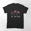 Black tee featuring three illustrated cat paws labeled “Rock,” “Paper,” and “Scissors” in white and pink