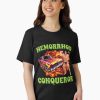Women Black t-shirt with the phrase “Hemorrhoid Conqueror” in bold block letters, styled like a warrior's badge of honor.