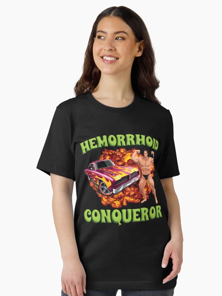 Women Black t-shirt with the phrase “Hemorrhoid Conqueror” in bold block letters, styled like a warrior's badge of honor.