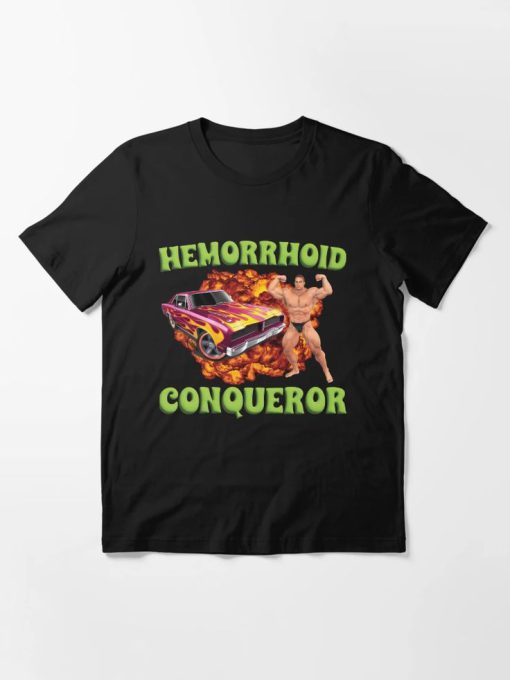 Black t-shirt with the phrase “Hemorrhoid Conqueror” in bold block letters, styled like a warrior's badge of honor.