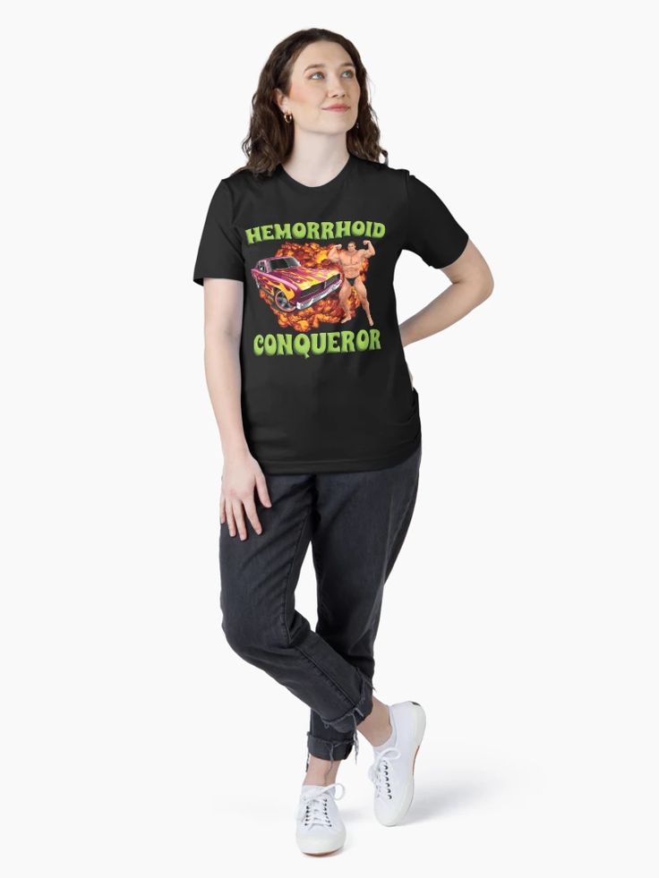 Casual Black t-shirt with the phrase “Hemorrhoid Conqueror” in bold block letters, styled like a warrior's badge of honor.