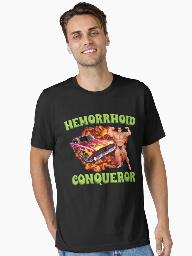 Men Black t-shirt with the phrase “Hemorrhoid Conqueror” in bold block letters, styled like a warrior's badge of honor.