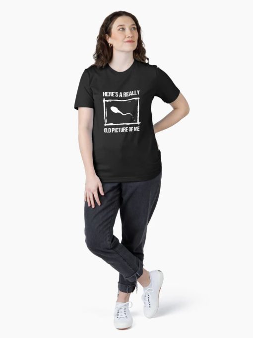 Granny Black t-shirt with white text reading “Here’s a Really Old Picture of Me” above a graphic of a sperm cell in a picture frame