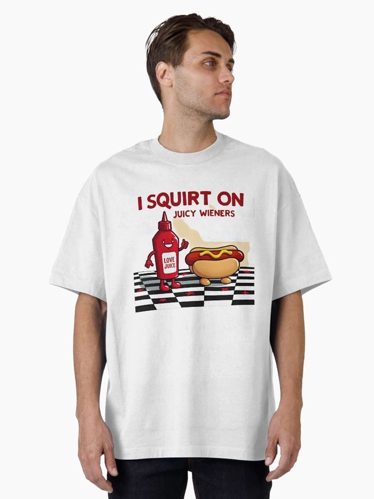 Men White t-shirt with retro red ketchup bottle squirting onto “I Squirt on Juicy Wieners” text in vintage font