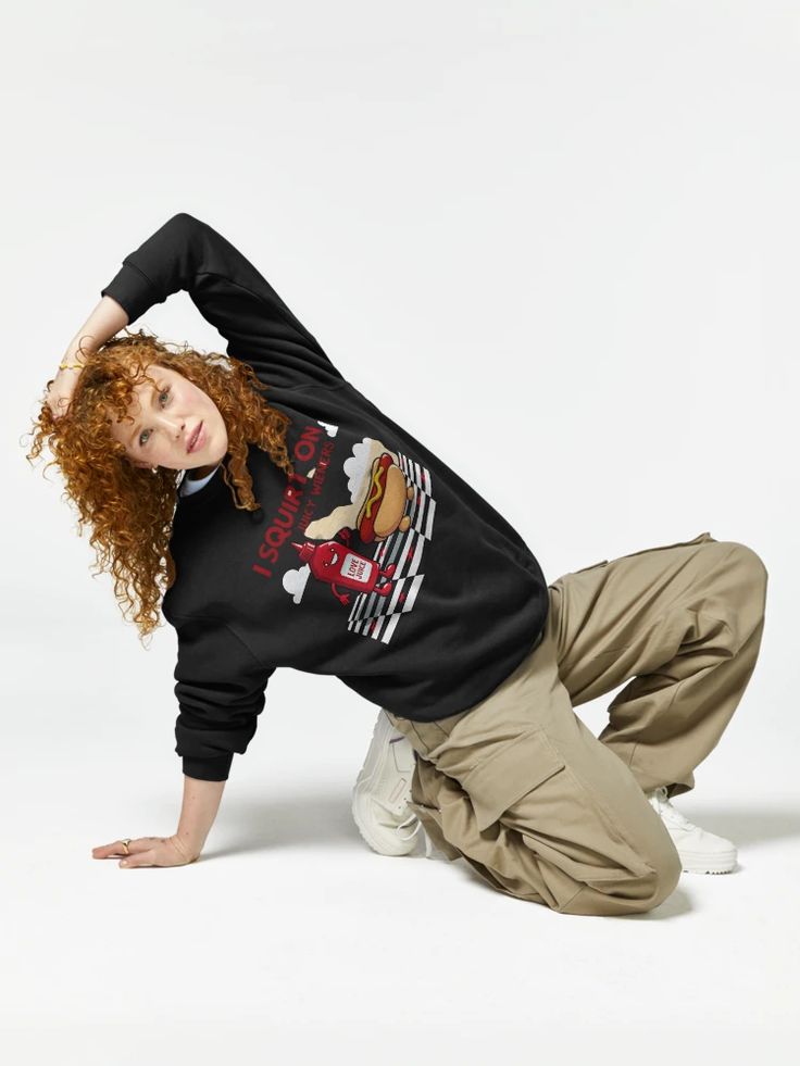 Women Black Sweatshirt with retro red ketchup bottle squirting onto “I Squirt on Juicy Wieners” text in vintage font