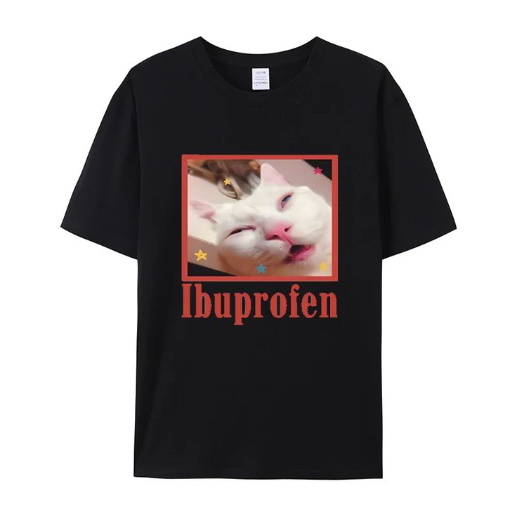 Unisex black t-shirt with a colorful printed meme image of a sleepy white cat and the word “Ibuprofrén.”