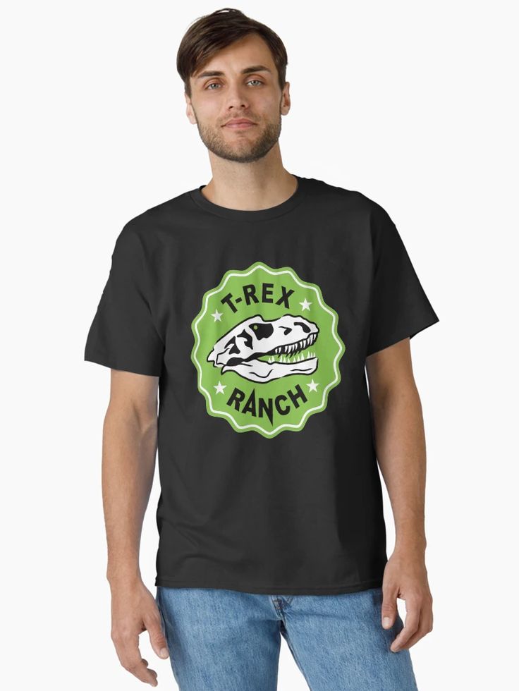 Men T-shirt with bold T-Rex skull logo inside a green badge reading “T-Rex Ranch.”