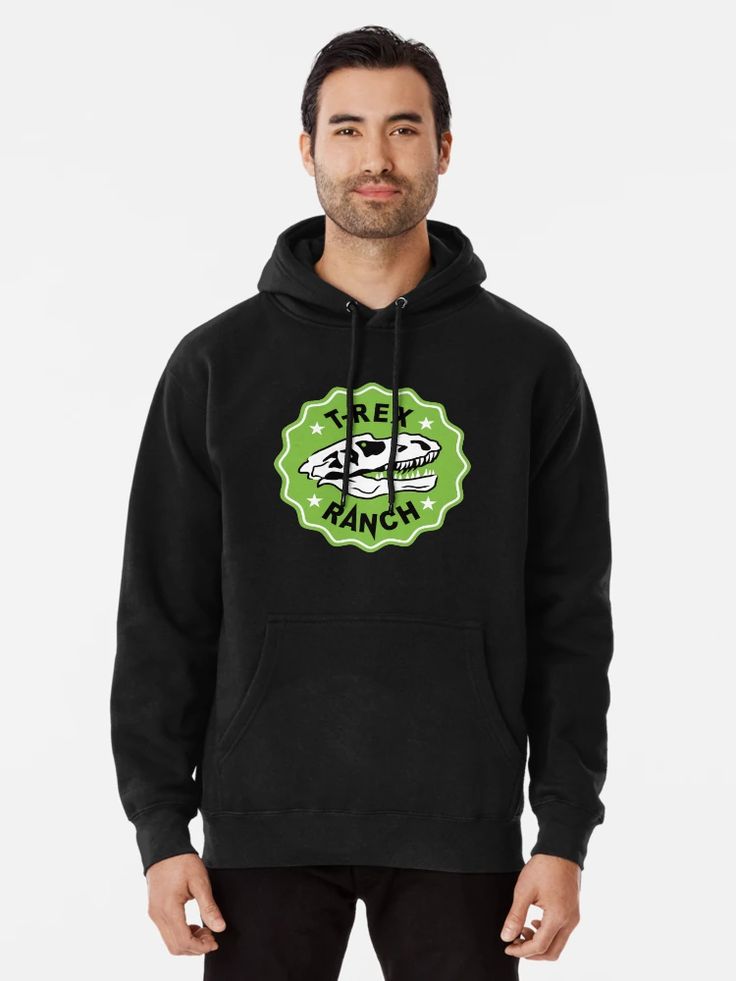 Men Cozy black hoodie featuring a dinosaur skull emblem with green “T-Rex Ranch” logo design